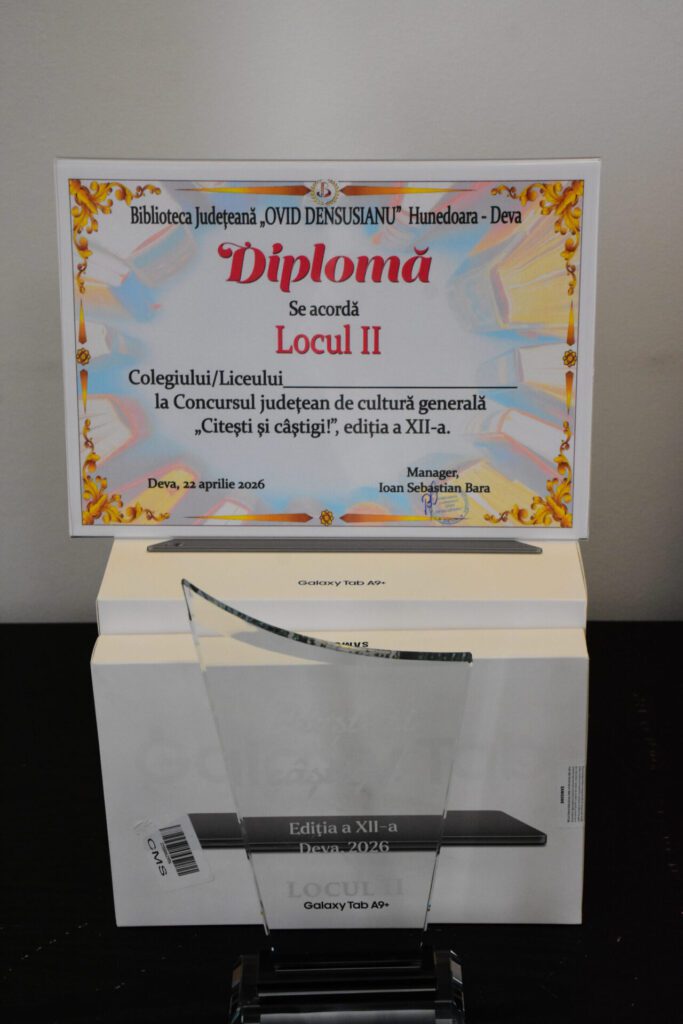 Diploma de participare acordată pentru Locul II în cadrul concursului județean de cultură generală "Citești și câștigi!", ediția a XII-a, organizat de Biblioteca Județeană "Ovid Densusianu" Hunedoara - Deva. Afișată lângă un tablet Samsung Galaxy Tab A9+.
