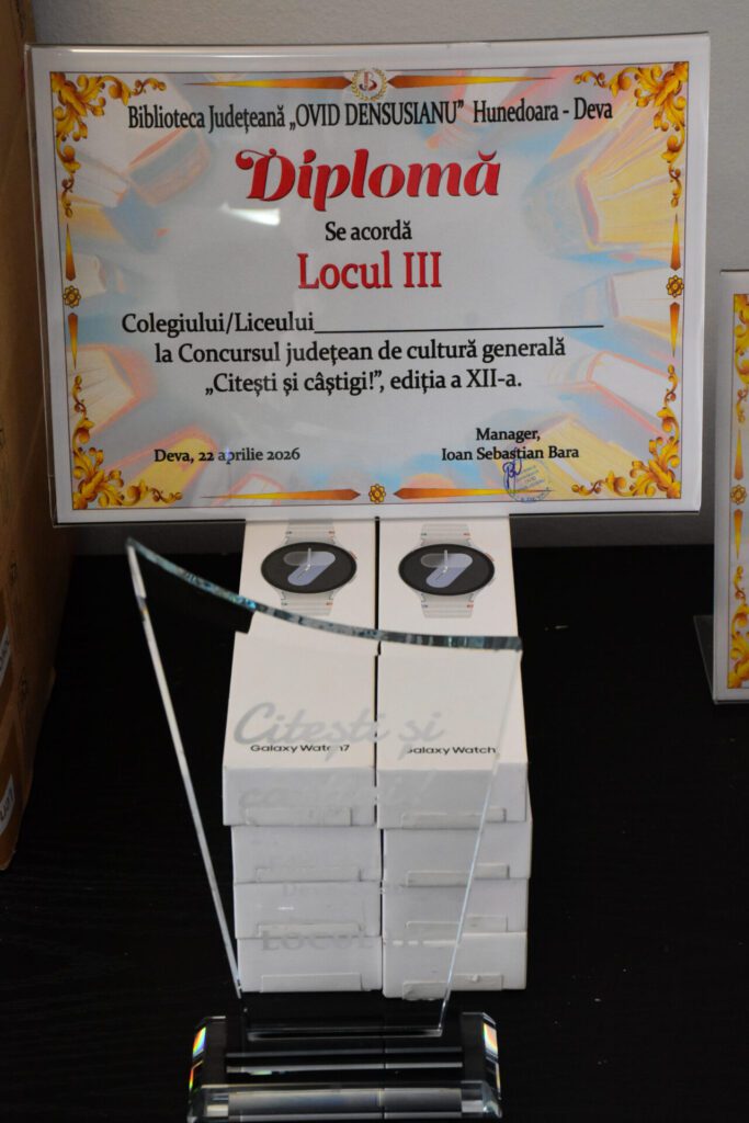 Diploma acordată pentru locul III la concursul de cultură generală "Citești și câștigi!" organizat de Biblioteca Județeană „Ovid Densusianu” Hunedoara - Deva.